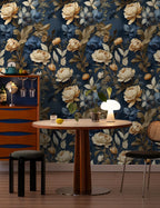 Floralplus Wallpaper Peel and Stick Blue Gold Vintage Floral Dark Botanical Wall Decor Removable Self Adhesive Wall Mural for Bedroom Living Room Bathroom Accent Walls