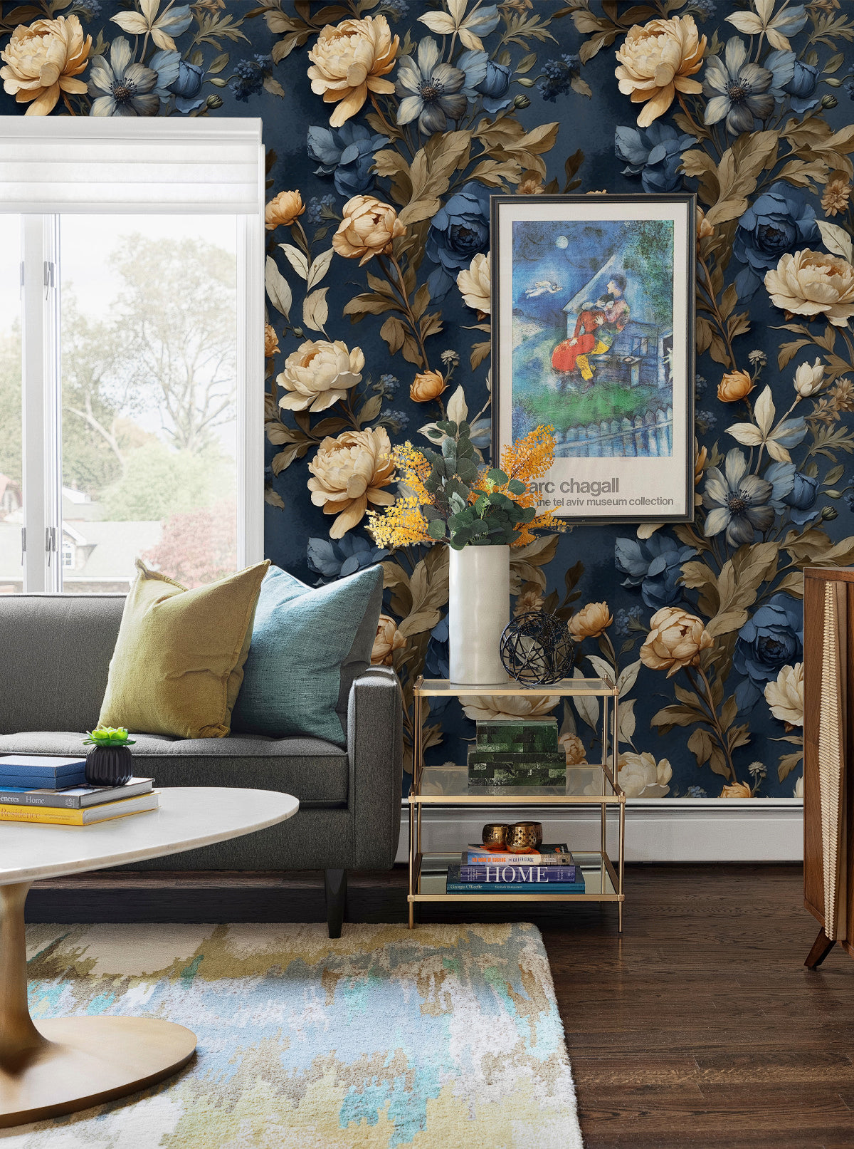 Floralplus Wallpaper Peel and Stick Blue Gold Vintage Floral Dark Botanical Wall Decor Removable Self Adhesive Wall Mural for Bedroom Living Room Bathroom Accent Walls
