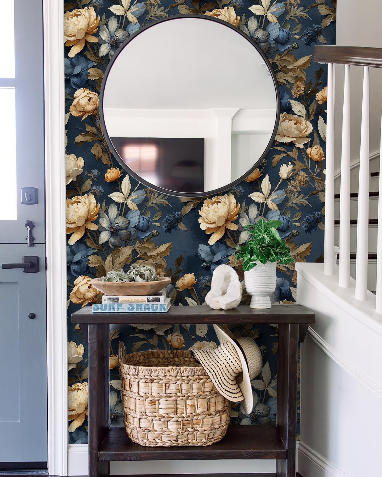 Floralplus Wallpaper Peel and Stick Blue Gold Vintage Floral Dark Botanical Wall Decor Removable Self Adhesive Wall Mural for Bedroom Living Room Bathroom Accent Walls