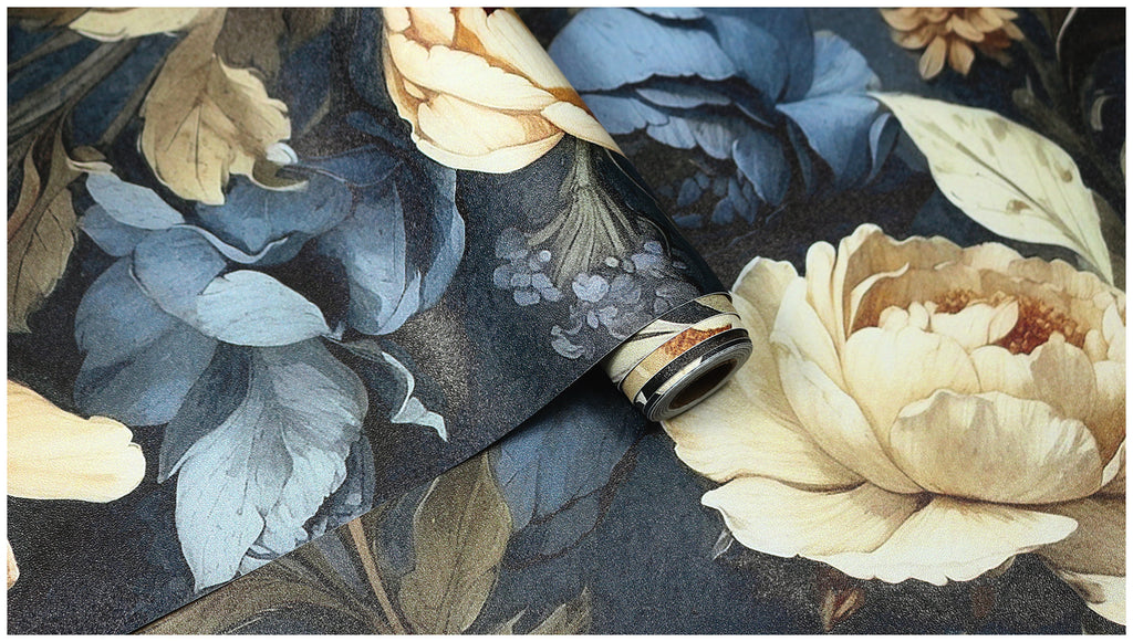 Floralplus Wallpaper Peel and Stick Blue Gold Vintage Floral Dark Botanical Wall Decor Removable Self Adhesive Wall Mural for Bedroom Living Room Bathroom Accent Walls