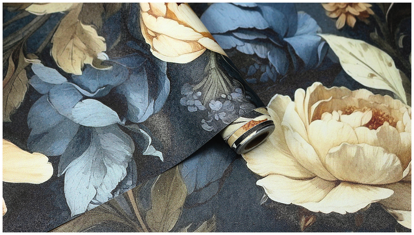 Floralplus Wallpaper Peel and Stick Blue Gold Vintage Floral Dark Botanical Wall Decor Removable Self Adhesive Wall Mural for Bedroom Living Room Bathroom Accent Walls