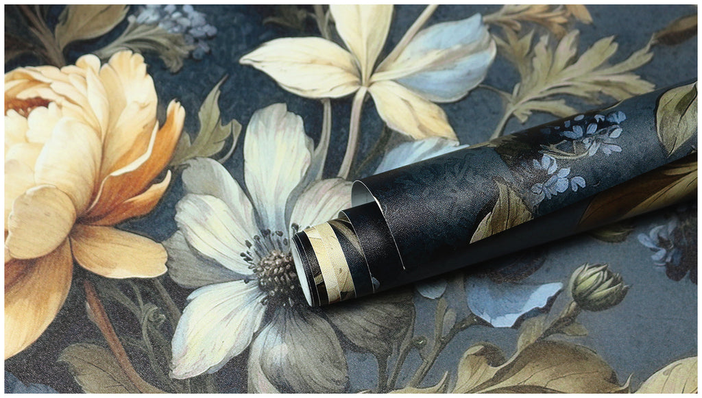 Floralplus Wallpaper Peel and Stick Blue Gold Vintage Floral Dark Botanical Wall Decor Removable Self Adhesive Wall Mural for Bedroom Living Room Bathroom Accent Walls
