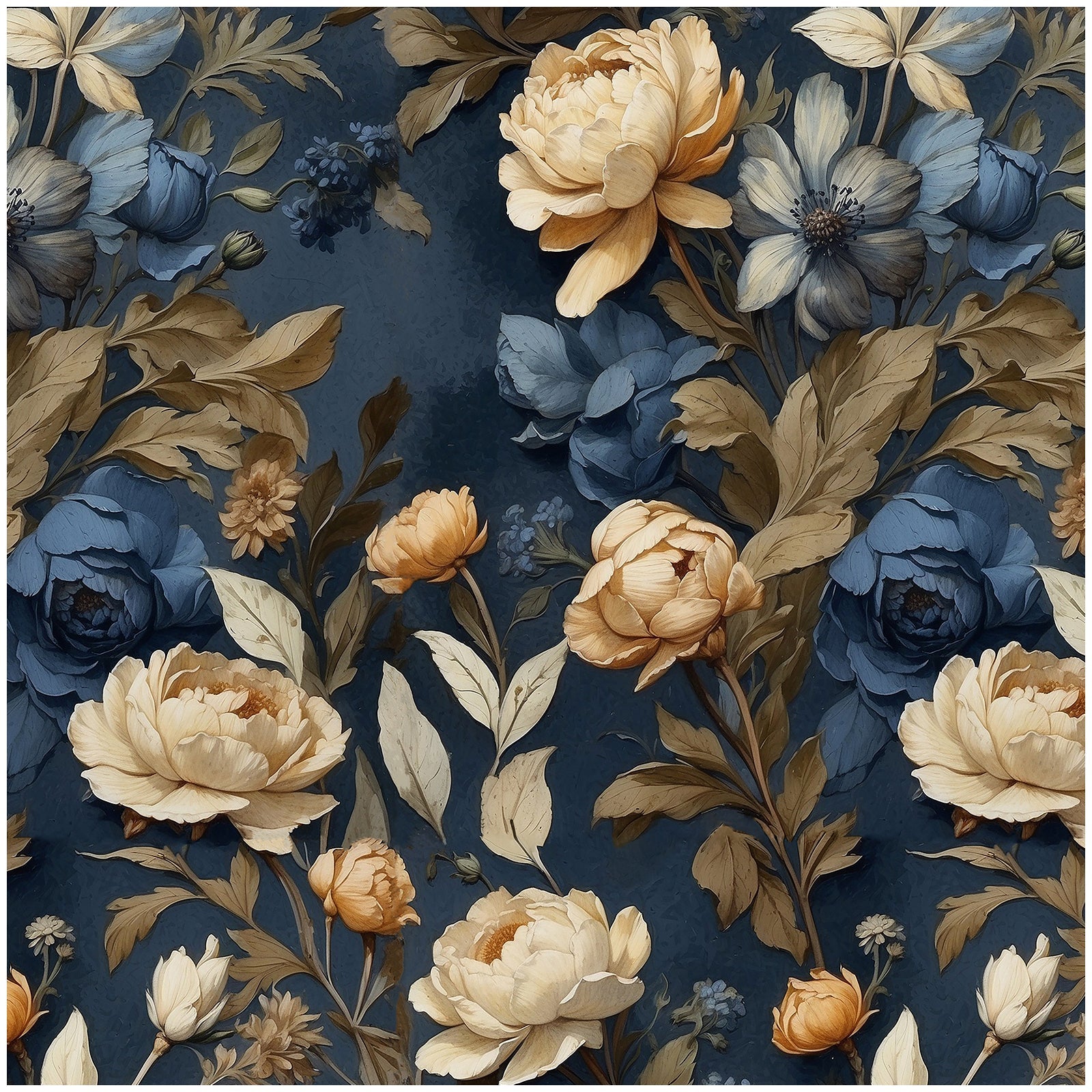 Floralplus Wallpaper Peel and Stick Blue Gold Vintage Floral Dark Botanical Wall Decor Removable Self Adhesive Wall Mural for Bedroom Living Room Bathroom Accent Walls