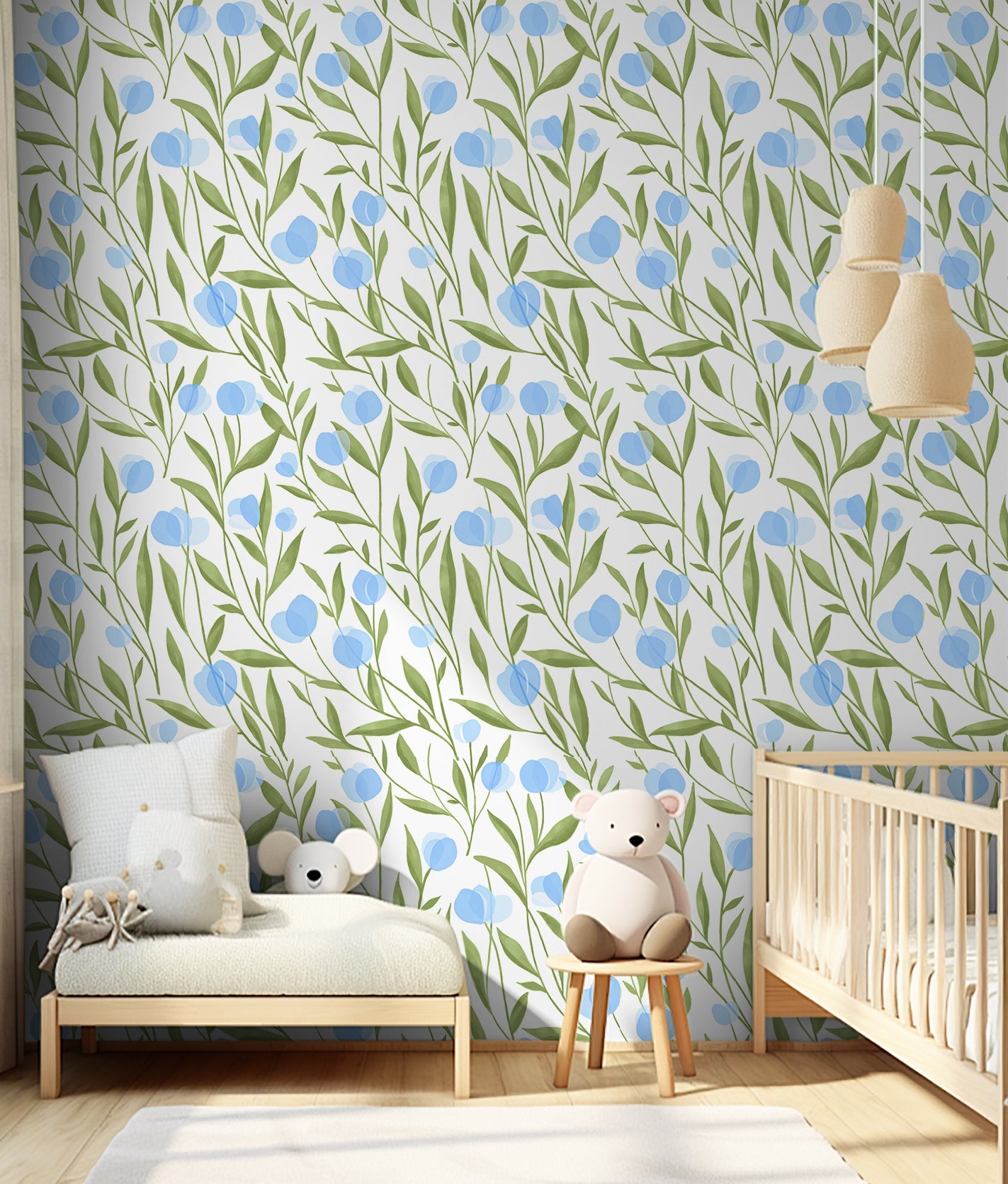 Floralplus Wallpaper Peel and Stick Blue Green Botanical Floral Watercolor Flower Wall Decor Modern Removable Wallpaper Self Adhesive Wall Mural for Bedroom Living Room Nursery Bathroom
