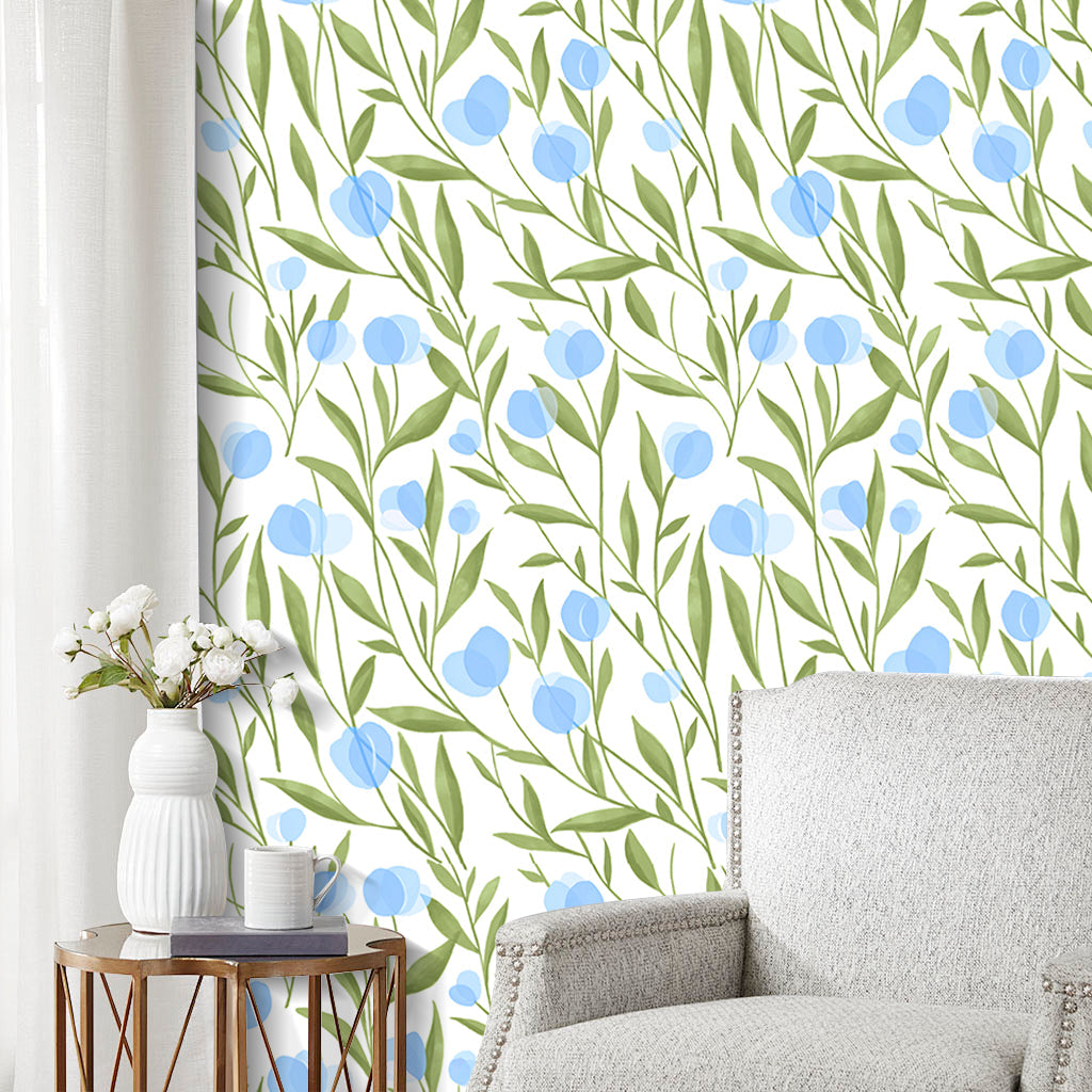 Floralplus Wallpaper Peel and Stick Blue Green Botanical Floral Watercolor Flower Wall Decor Modern Removable Wallpaper Self Adhesive Wall Mural for Bedroom Living Room Nursery Bathroom