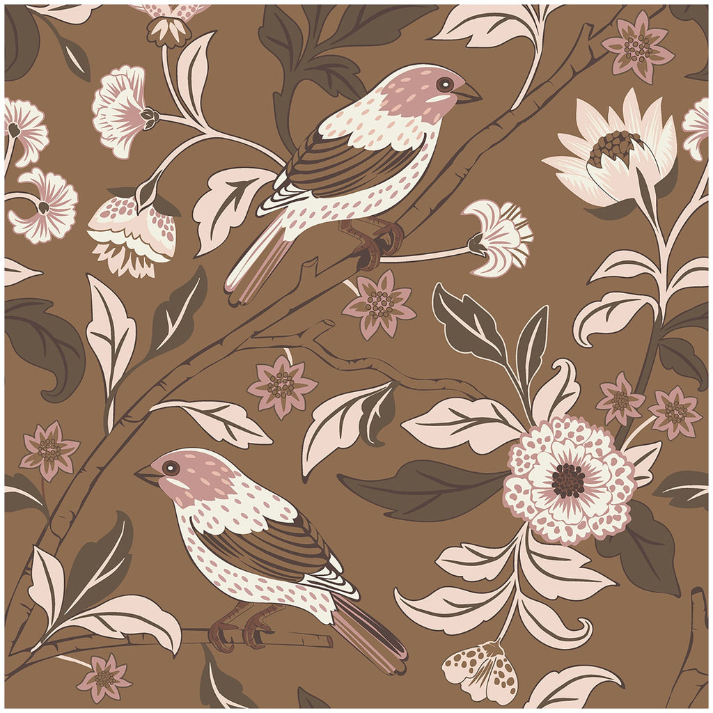 Floralplus Wallpaper Peel and Stick Brown Bird Floral Vintage Botanical Removable Wall Mural for Bedroom Bathroom Nursery Accent Wall