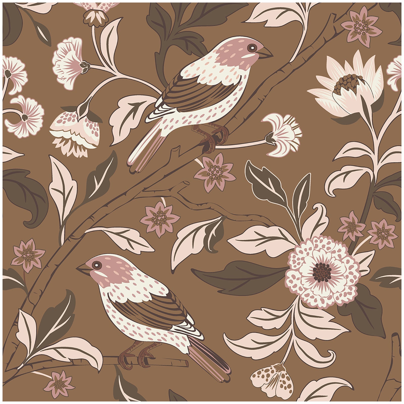 Floralplus Wallpaper Peel and Stick Brown Bird Floral Vintage Botanical Removable Wall Mural for Bedroom Bathroom Nursery Accent Wall