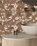 Floralplus Wallpaper Peel and Stick Brown Bird Floral Vintage Botanical Removable Wall Mural for Bedroom Bathroom Nursery Accent Wall