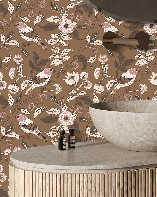 Floralplus Wallpaper Peel and Stick Brown Bird Floral Vintage Botanical Removable Wall Mural for Bedroom Bathroom Nursery Accent Wall