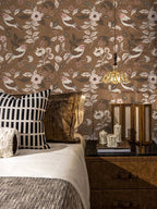 Floralplus Wallpaper Peel and Stick Brown Bird Floral Vintage Botanical Removable Wall Mural for Bedroom Bathroom Nursery Accent Wall