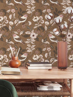 Floralplus Wallpaper Peel and Stick Brown Bird Floral Vintage Botanical Removable Wall Mural for Bedroom Bathroom Nursery Accent Wall