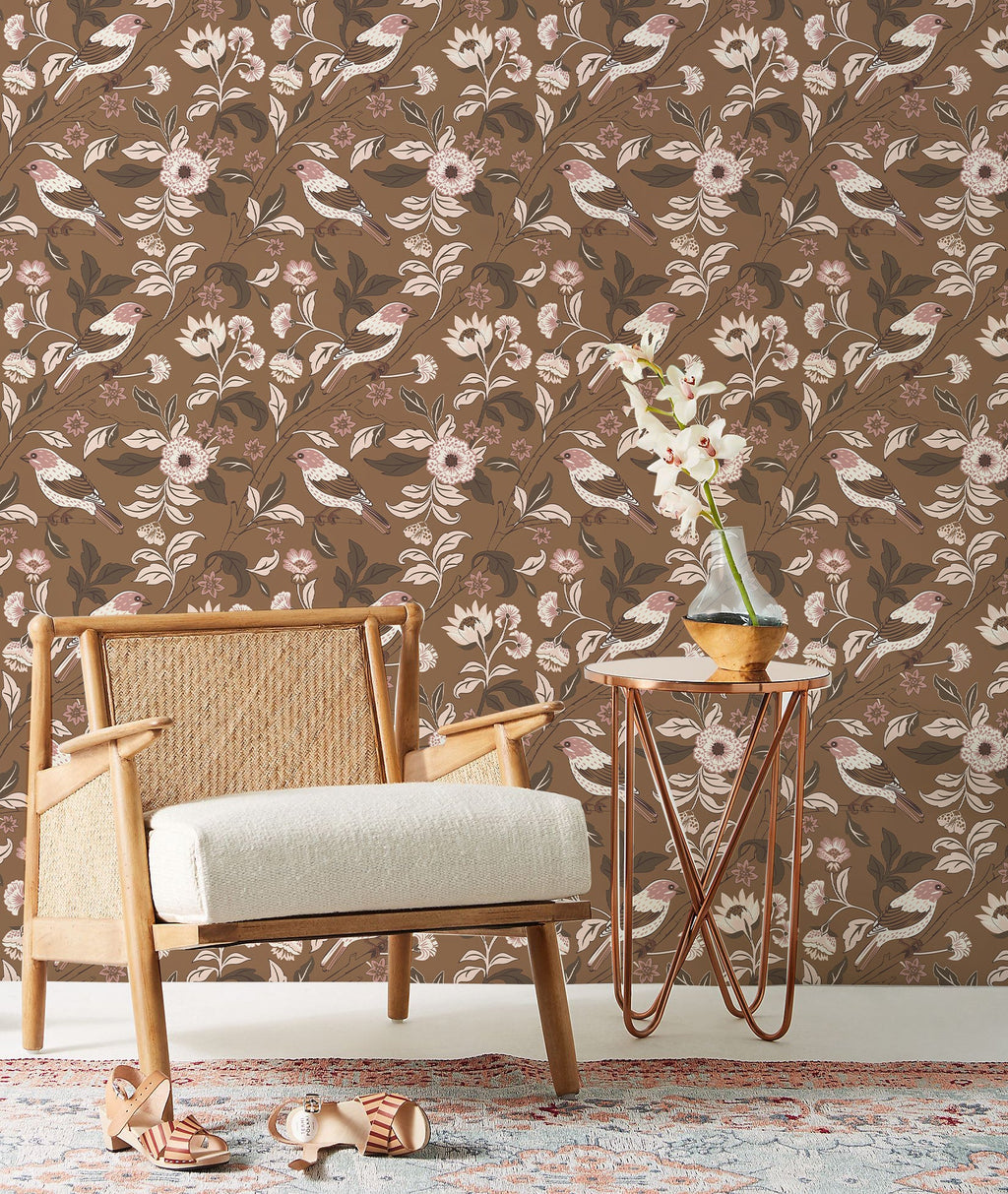 Floralplus Wallpaper Peel and Stick Brown Bird Floral Vintage Botanical Removable Wall Mural for Bedroom Bathroom Nursery Accent Wall