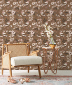 Floralplus Wallpaper Peel and Stick Brown Bird Floral Vintage Botanical Removable Wall Mural for Bedroom Bathroom Nursery Accent Wall