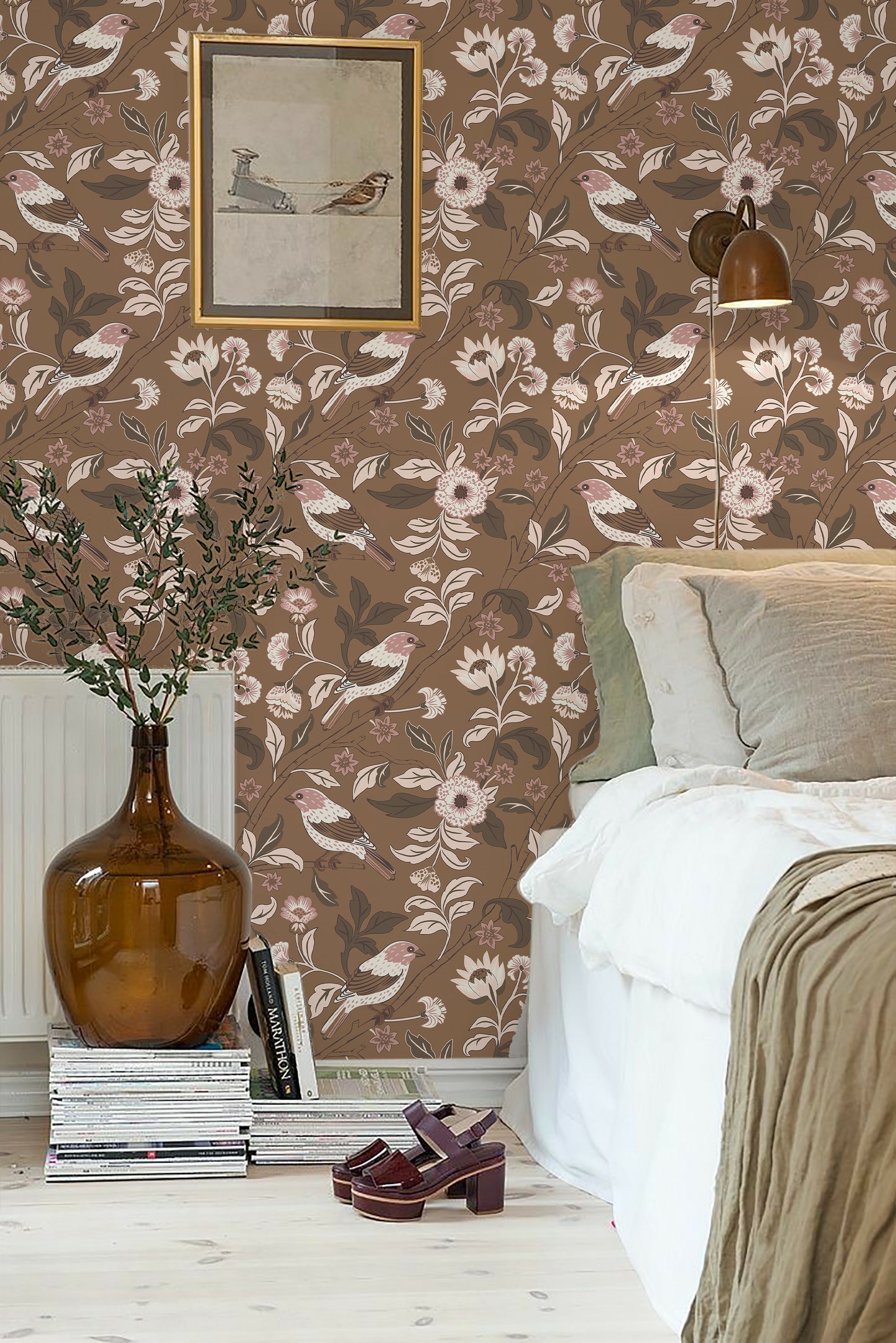 Floralplus Wallpaper Peel and Stick Brown Bird Floral Vintage Botanical Removable Wall Mural for Bedroom Bathroom Nursery Accent Wall