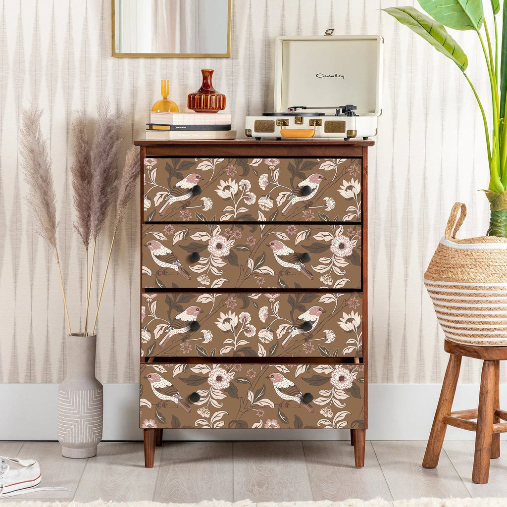 Floralplus Wallpaper Peel and Stick Brown Bird Floral Vintage Botanical Removable Wall Mural for Bedroom Bathroom Nursery Accent Wall