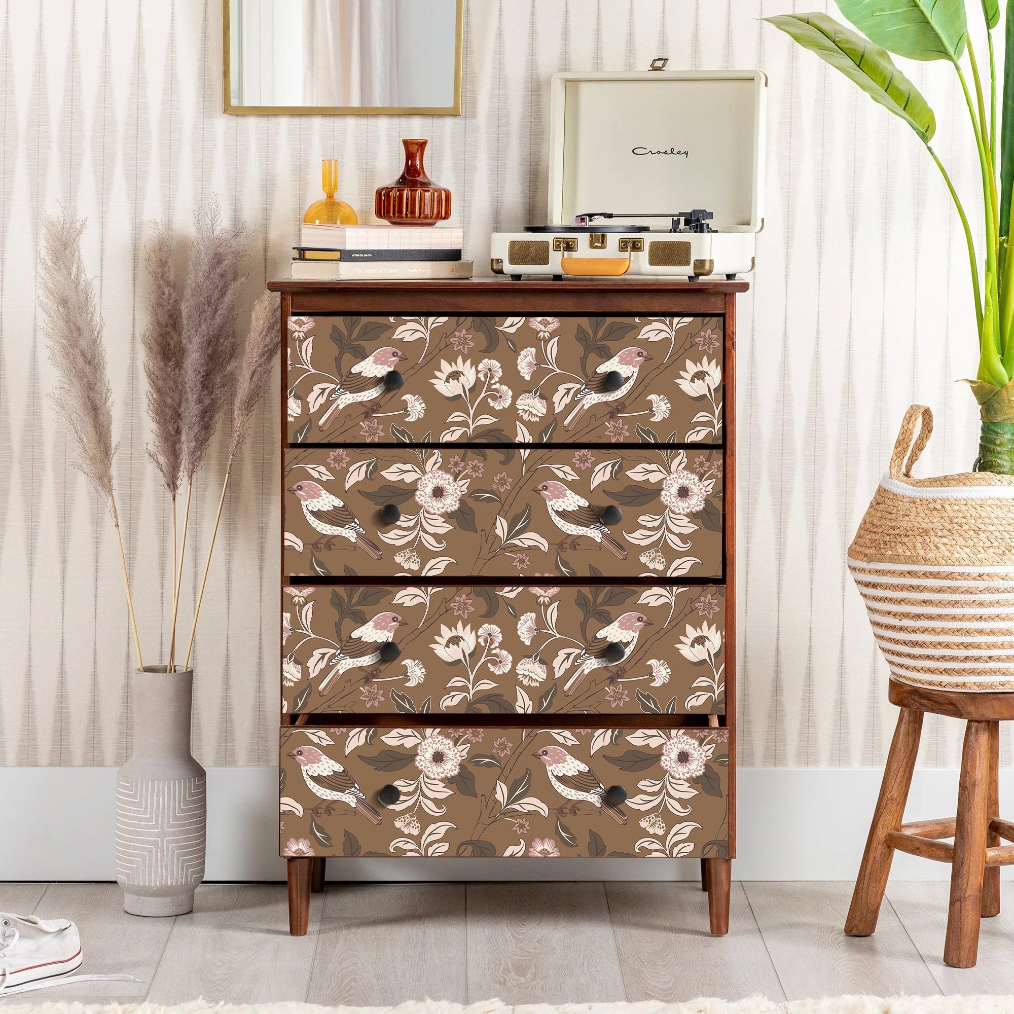 Floralplus Wallpaper Peel and Stick Brown Bird Floral Vintage Botanical Removable Wall Mural for Bedroom Bathroom Nursery Accent Wall