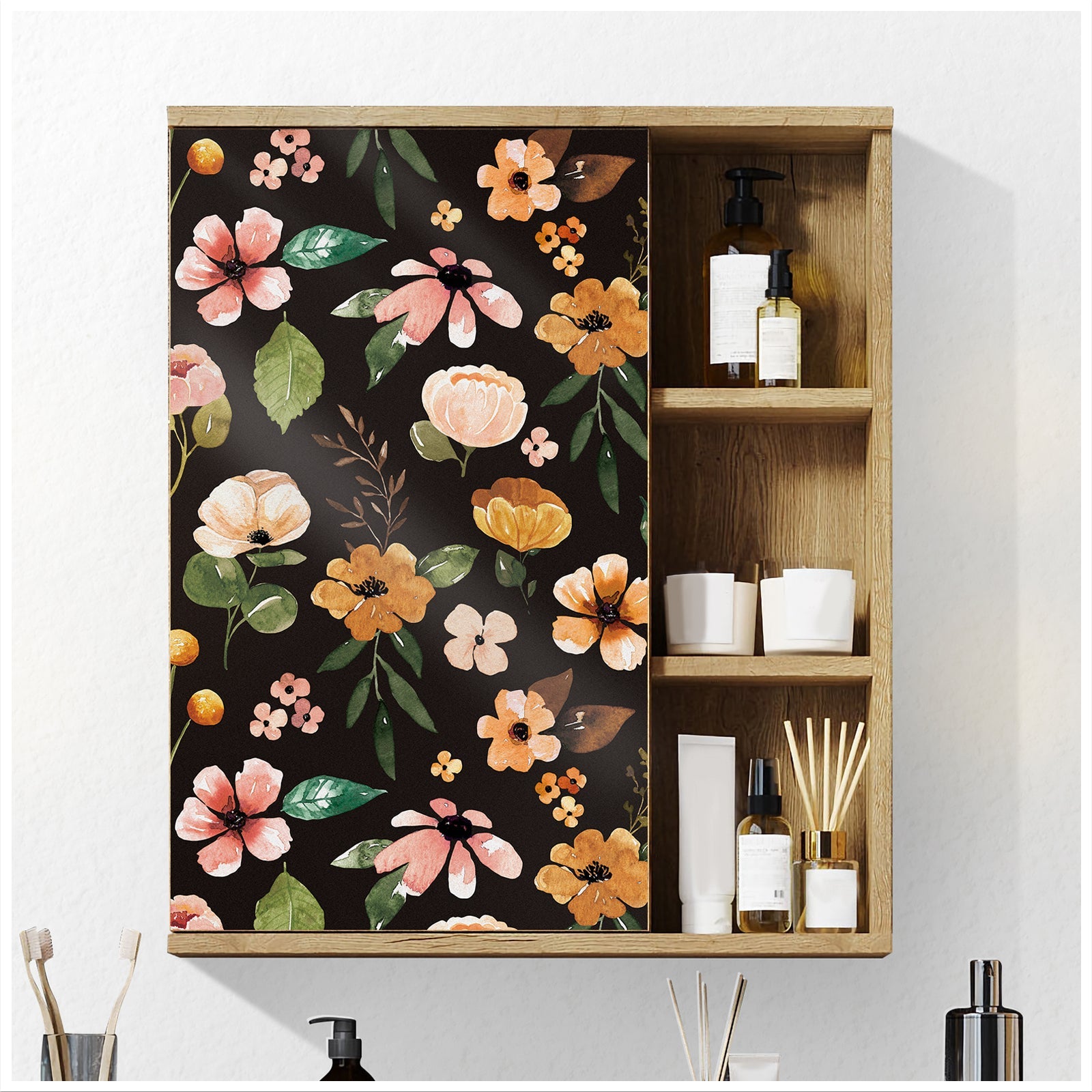 Floralplus Wallpaper Peel and Stick Brown Floral Boho Watercolor Retro Botanical Wall Decor Bedroom Living Room Bathroom Removable Mural