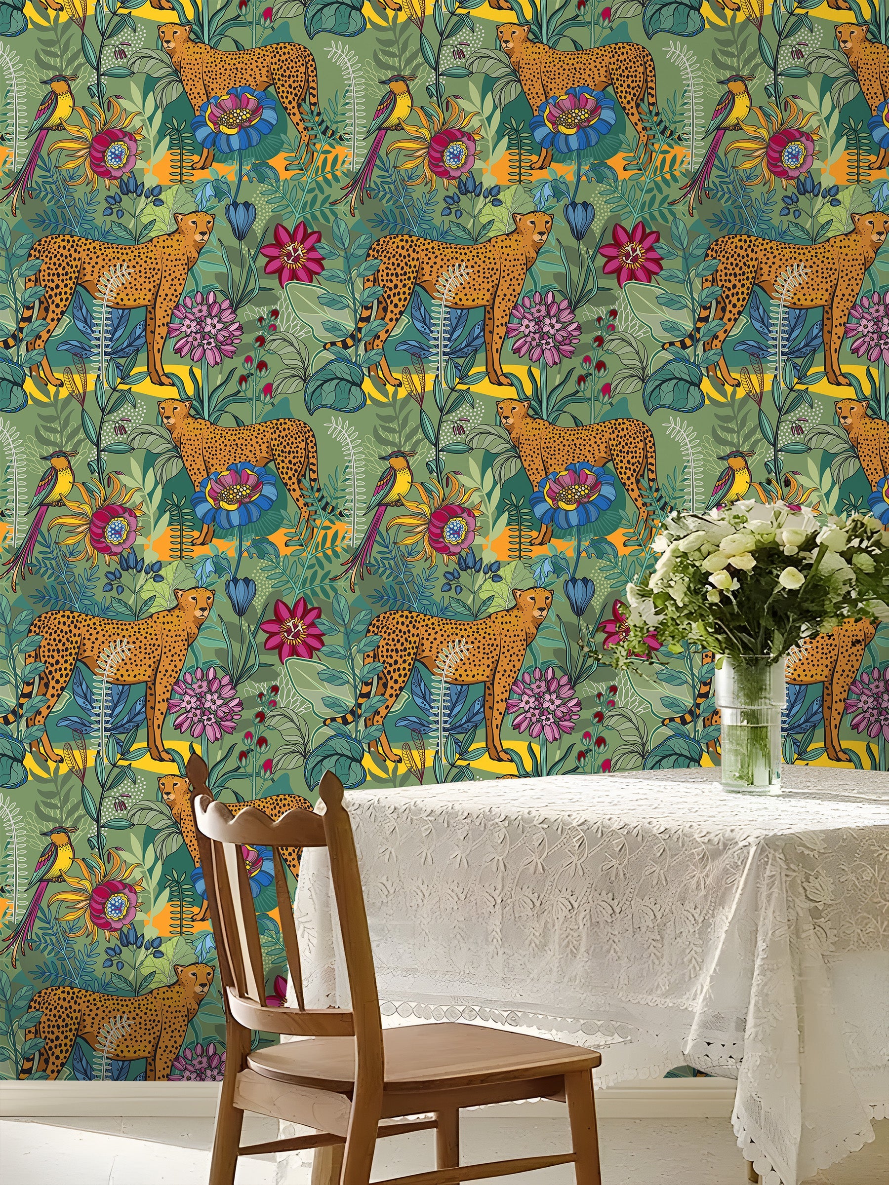 Floralplus Wallpaper Peel and Stick Cheetah Jungle Tropical Green Floral Boho Kids Room Nursery Bedroom Removable Self Adhesive Animal Wall Mural