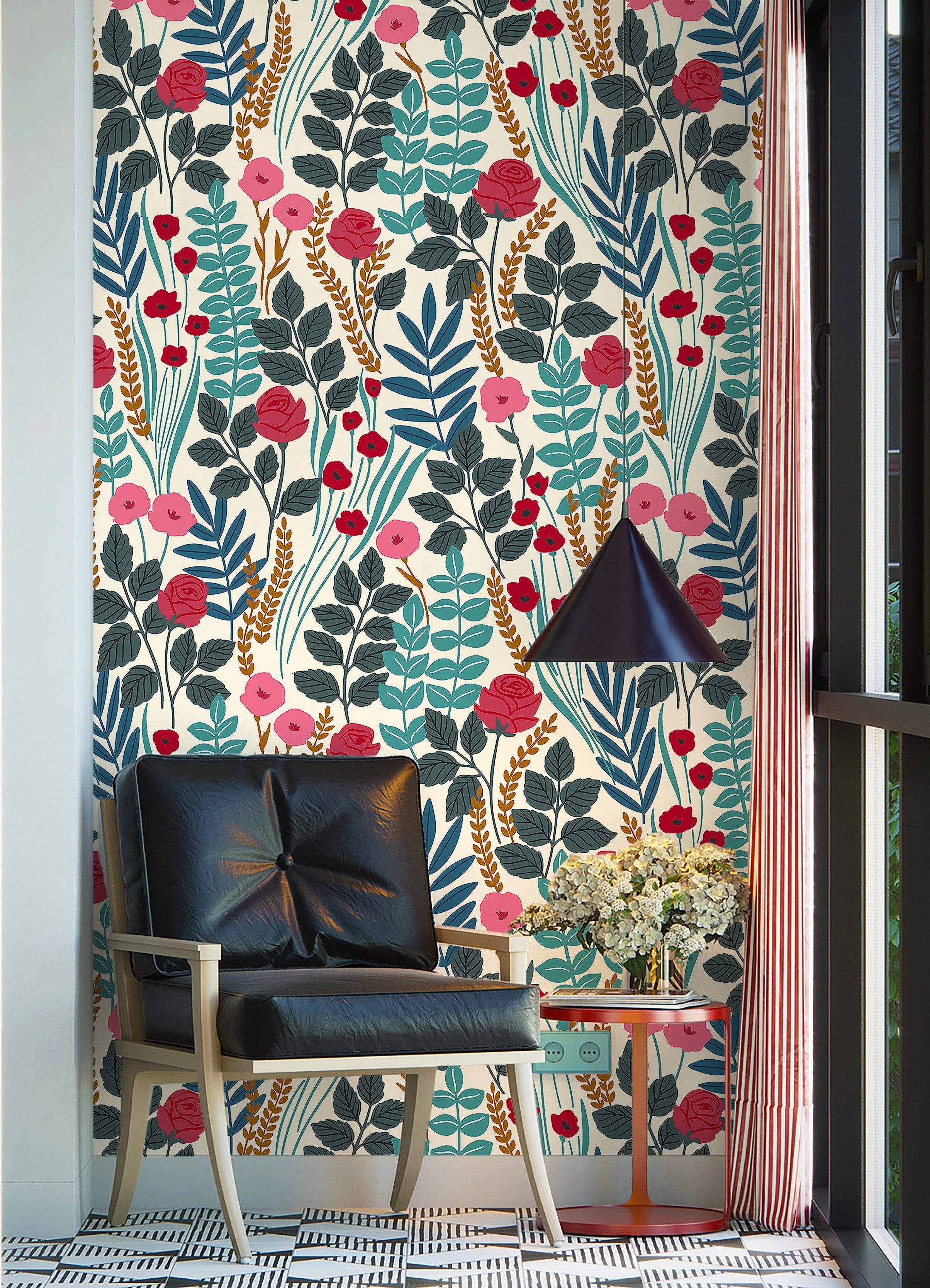 Floralplus Wallpaper Peel and Stick Colorful Red Rose Botanical Cream Vintage Floral Removable Wall Mural for Bedroom Living Room Bathroom