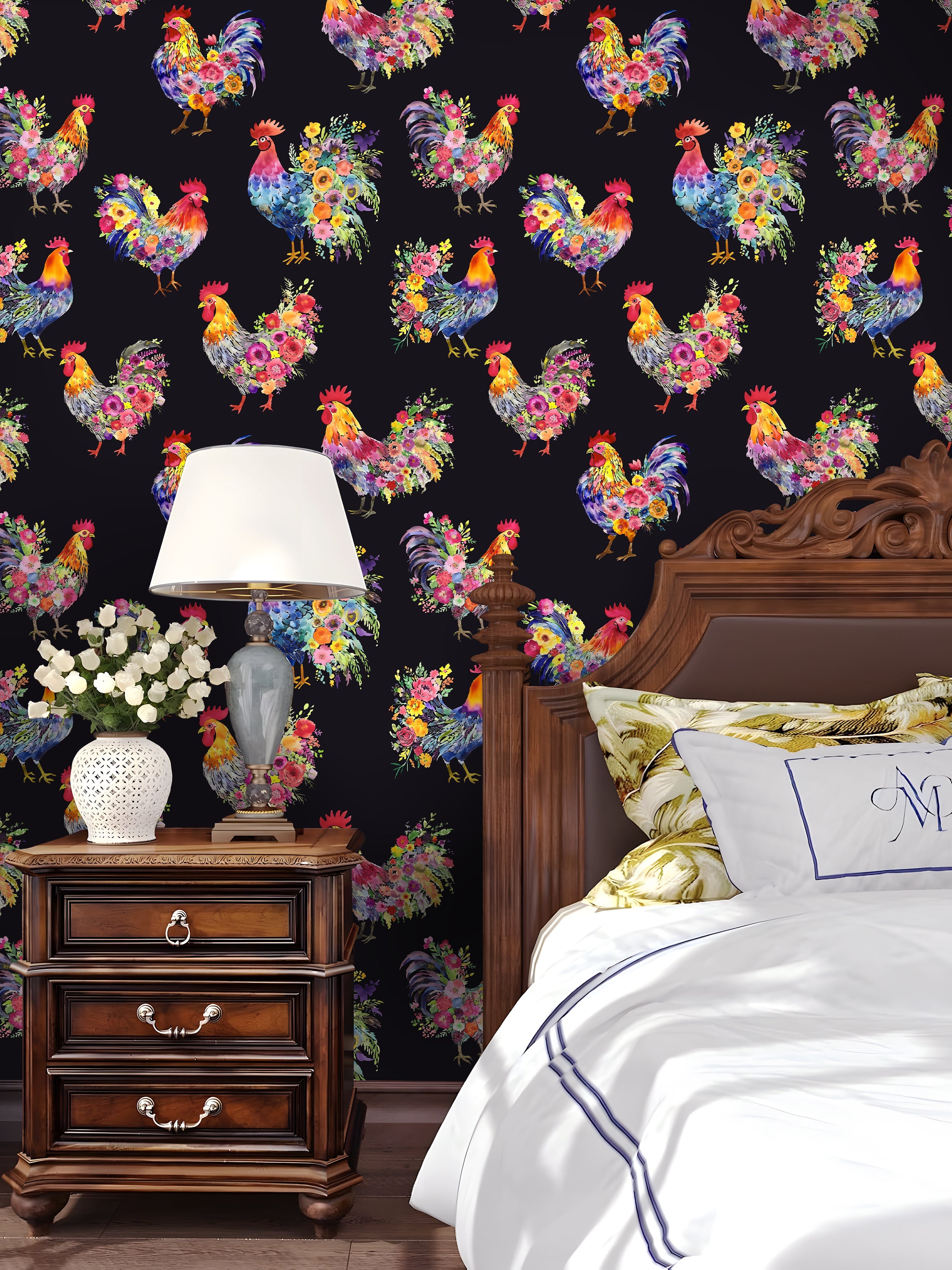 Floralplus Wallpaper Peel and Stick Colorful Rooster Floral Farmhouse Kitchen Wall Decor Laundry Room Removable Country Cottagecore Wall Mural