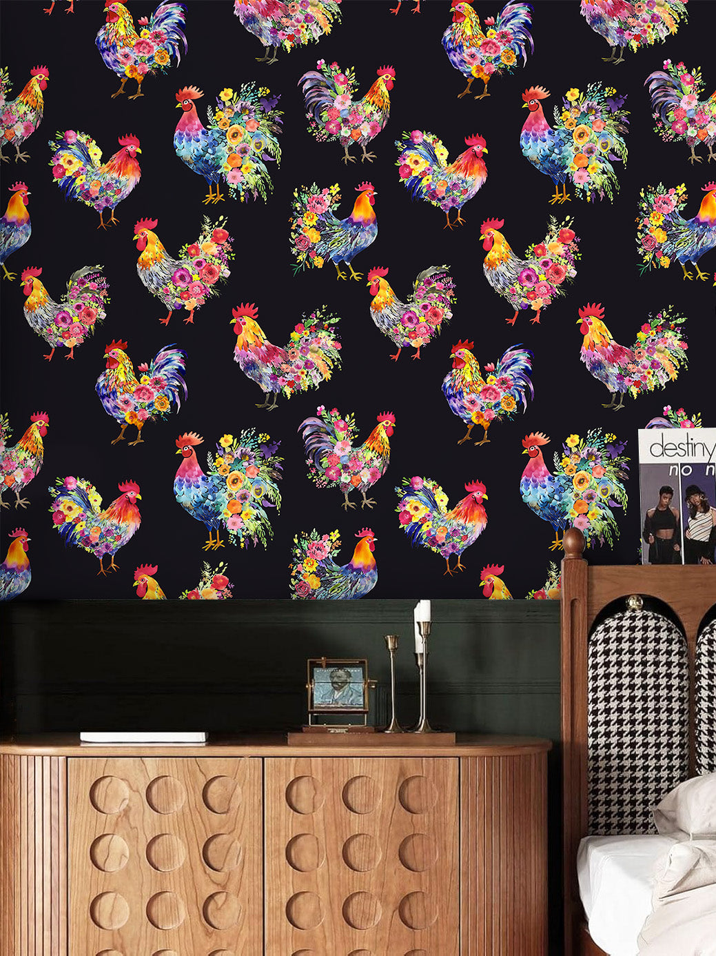 Floralplus Wallpaper Peel and Stick Colorful Rooster Floral Farmhouse Kitchen Wall Decor Laundry Room Removable Country Cottagecore Wall Mural