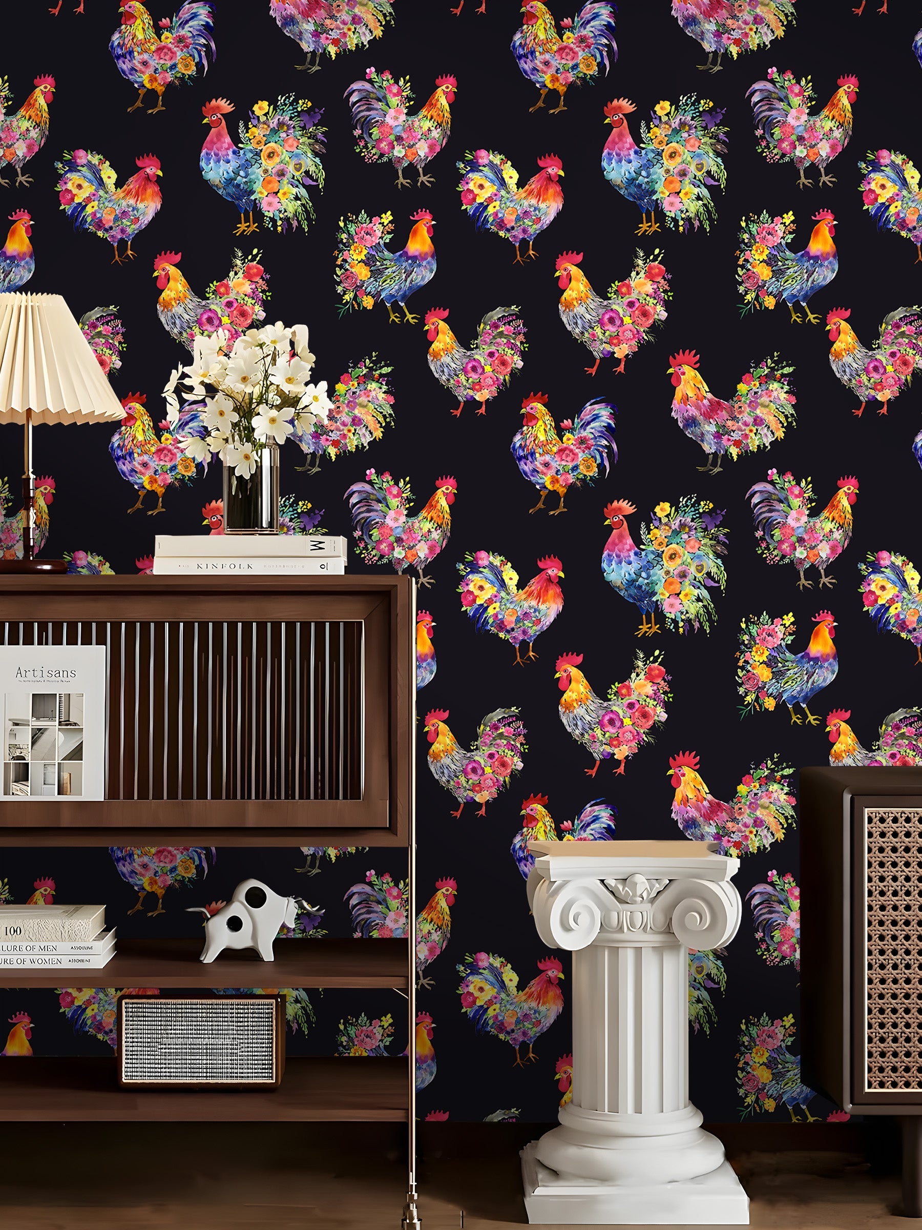 Floralplus Wallpaper Peel and Stick Colorful Rooster Floral Farmhouse Kitchen Wall Decor Laundry Room Removable Country Cottagecore Wall Mural