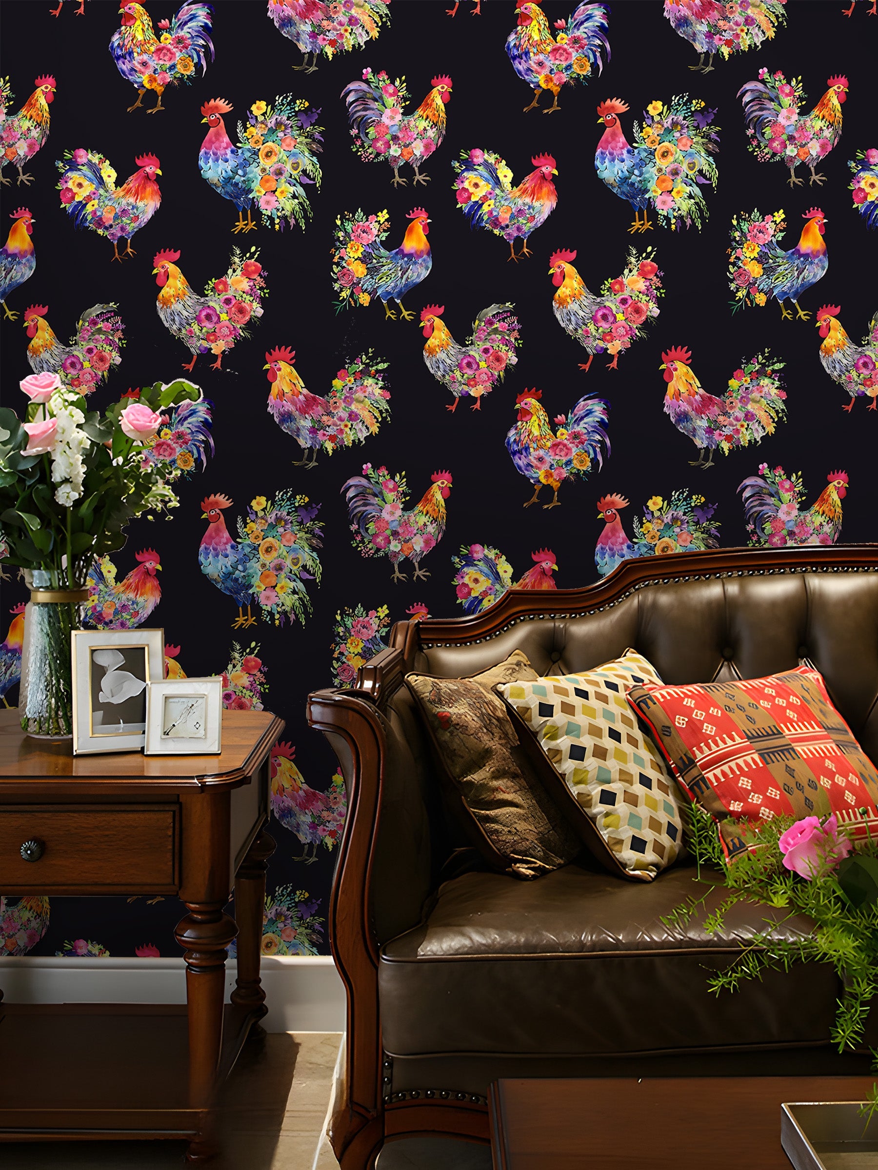 Floralplus Wallpaper Peel and Stick Colorful Rooster Floral Farmhouse Kitchen Wall Decor Laundry Room Removable Country Cottagecore Wall Mural