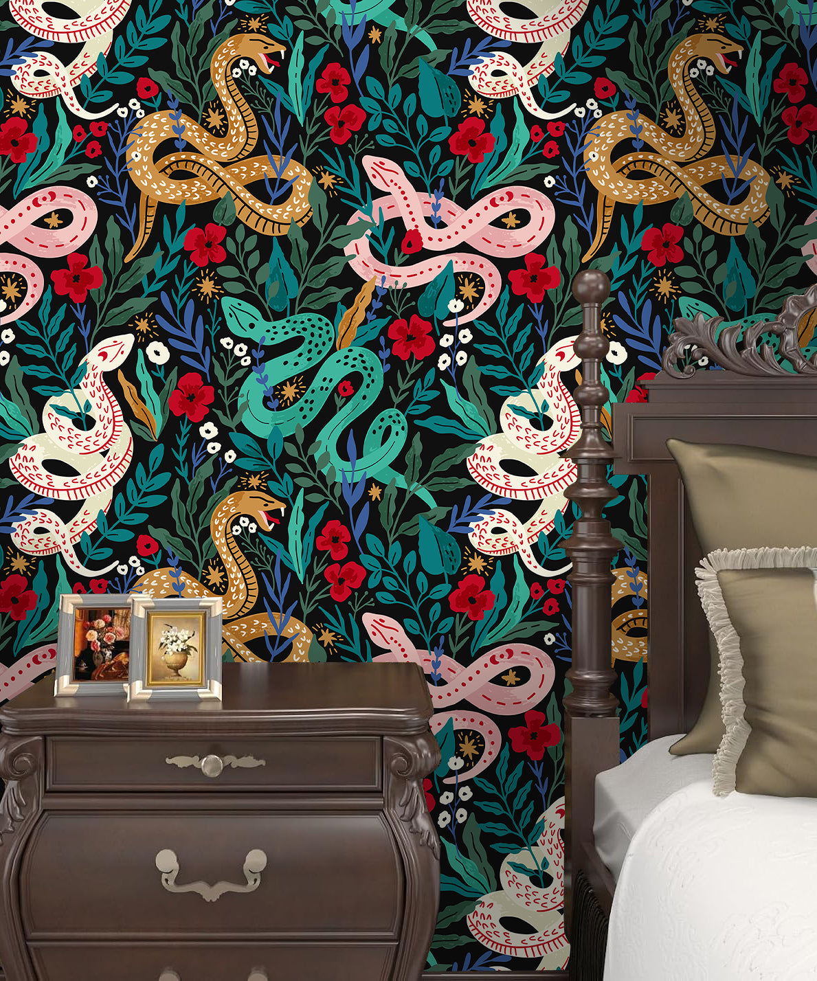 Floralplus Wallpaper Peel and Stick Colorful Snake Floral Jungle Removable Wall Mural for Bedroom Bathroom Kids Room