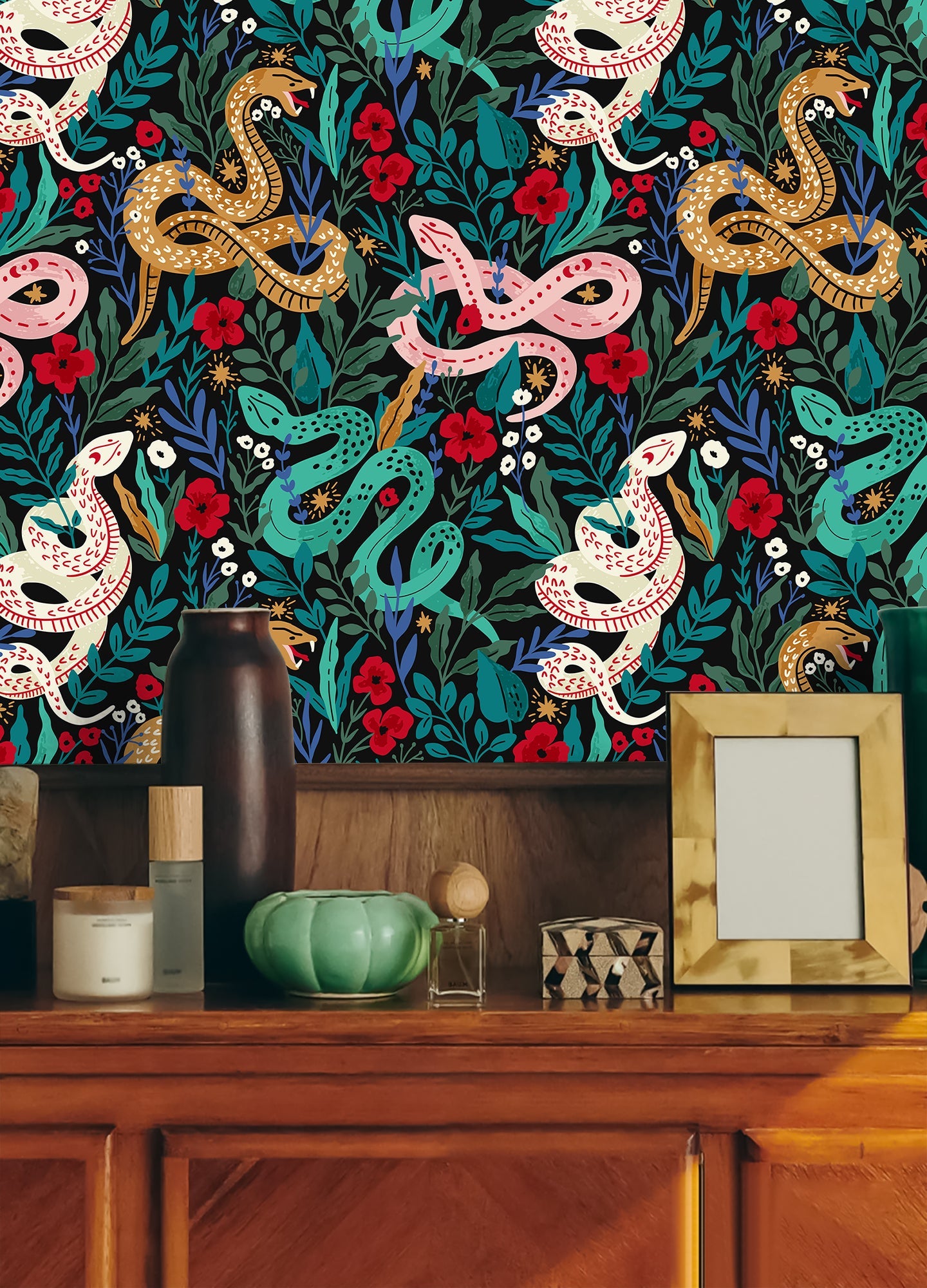 Floralplus Wallpaper Peel and Stick Colorful Snake Floral Jungle Removable Wall Mural for Bedroom Bathroom Kids Room