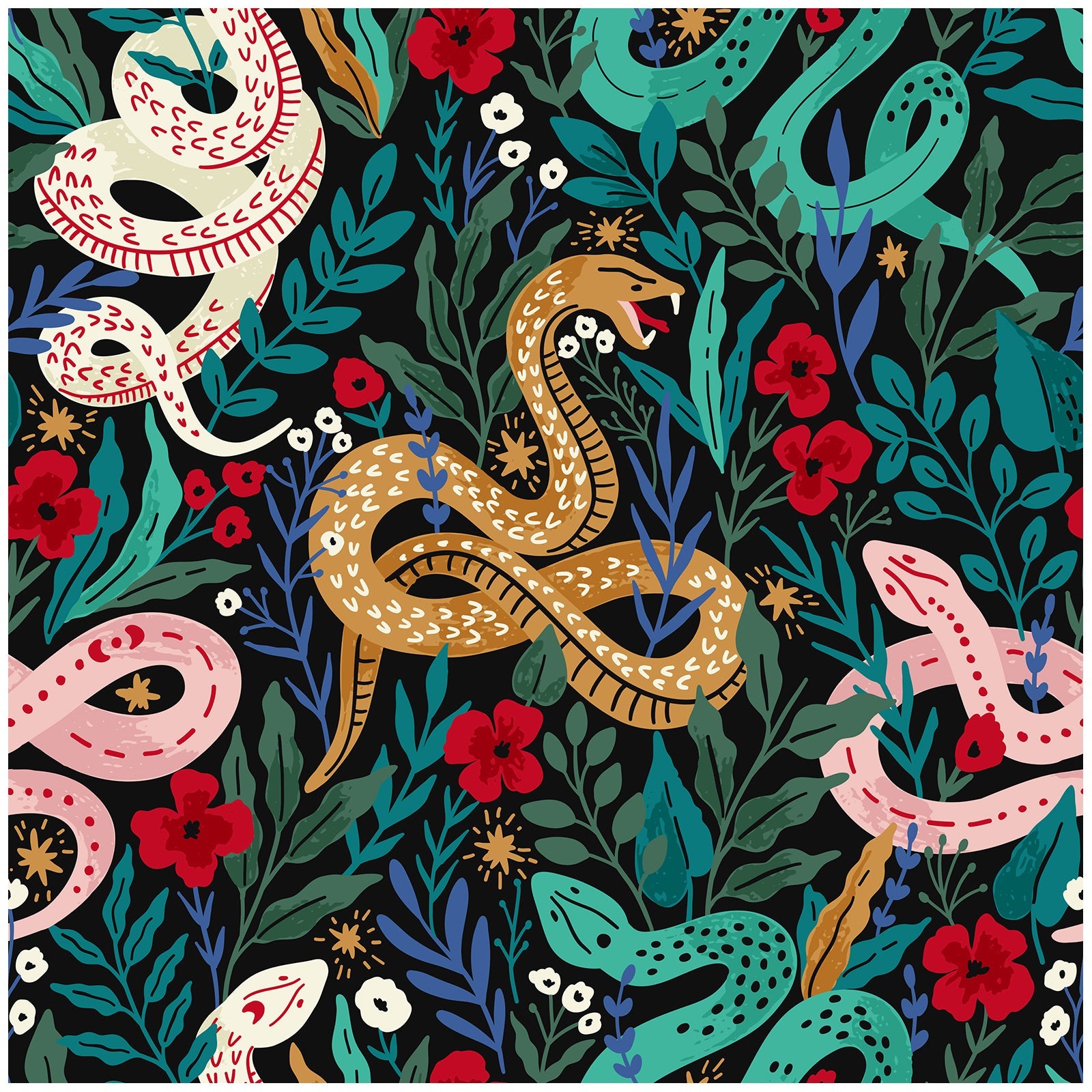 Floralplus Wallpaper Peel and Stick Colorful Snake Floral Jungle Removable Wall Mural for Bedroom Bathroom Kids Room
