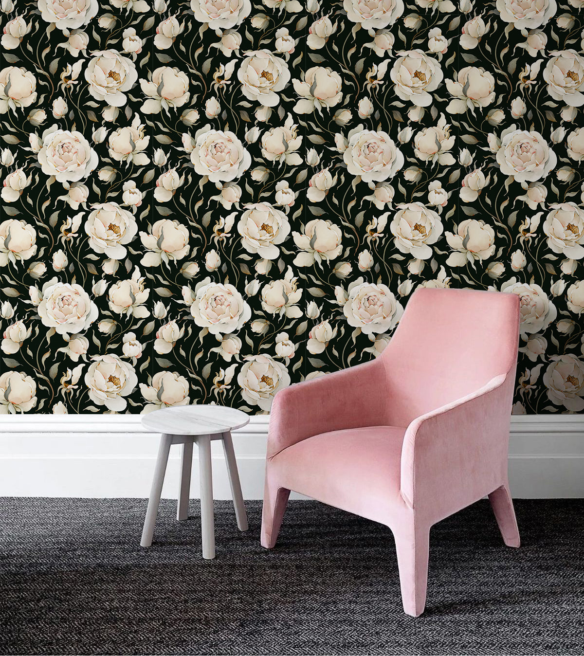 Floralplus Wallpaper Peel and Stick Cream Peony Floral Black Vintage Romantic Wall Decor Bedroom Living Room Bathroom Removable Mural