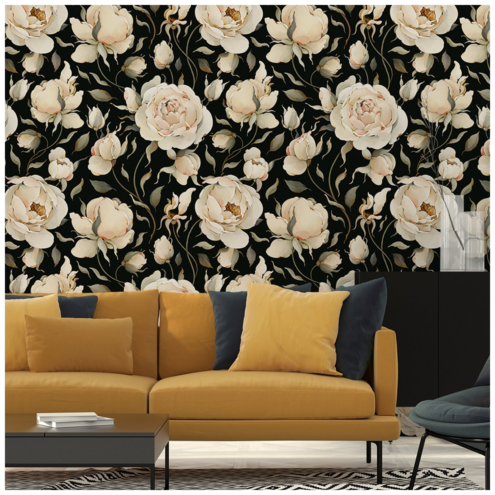 Floralplus Wallpaper Peel and Stick Cream Peony Floral Black Vintage Romantic Wall Decor Bedroom Living Room Bathroom Removable Mural