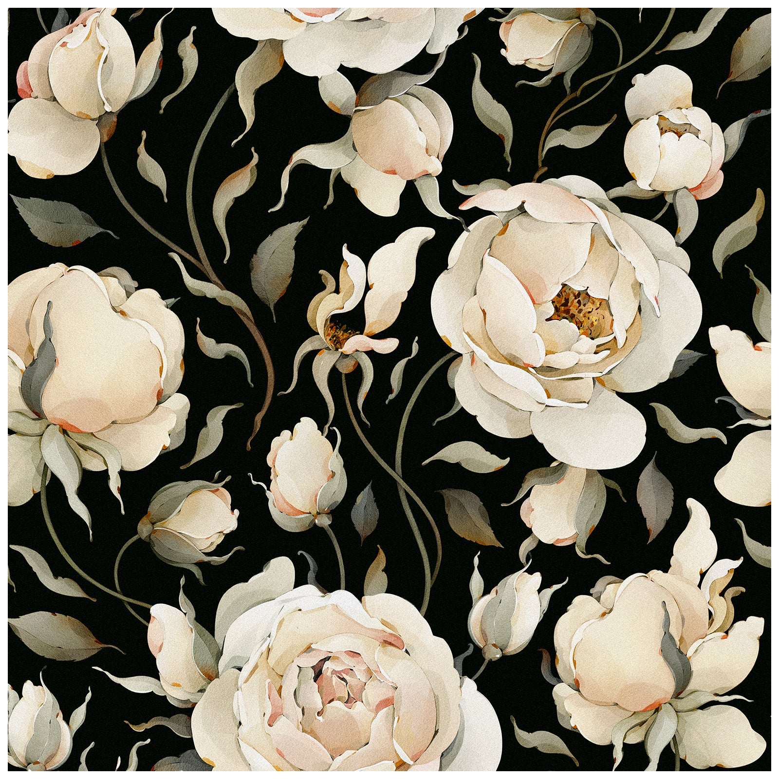 Floralplus Wallpaper Peel and Stick Cream Peony Floral Black Vintage Romantic Wall Decor Bedroom Living Room Bathroom Removable Mural