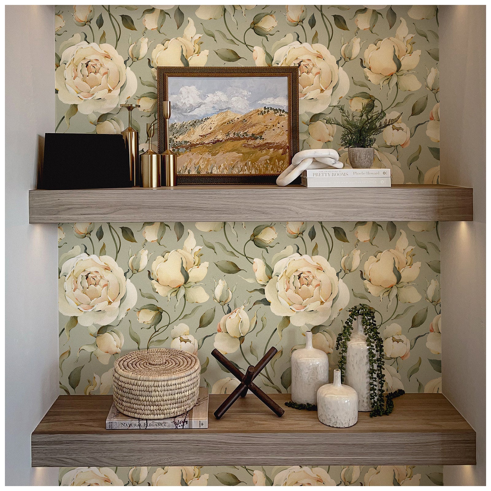 Floralplus Wallpaper Peel and Stick Cream Peony Floral Sage Green Vintage Wall Decor Bedroom Living Room Bathroom Nursery Removable Mural