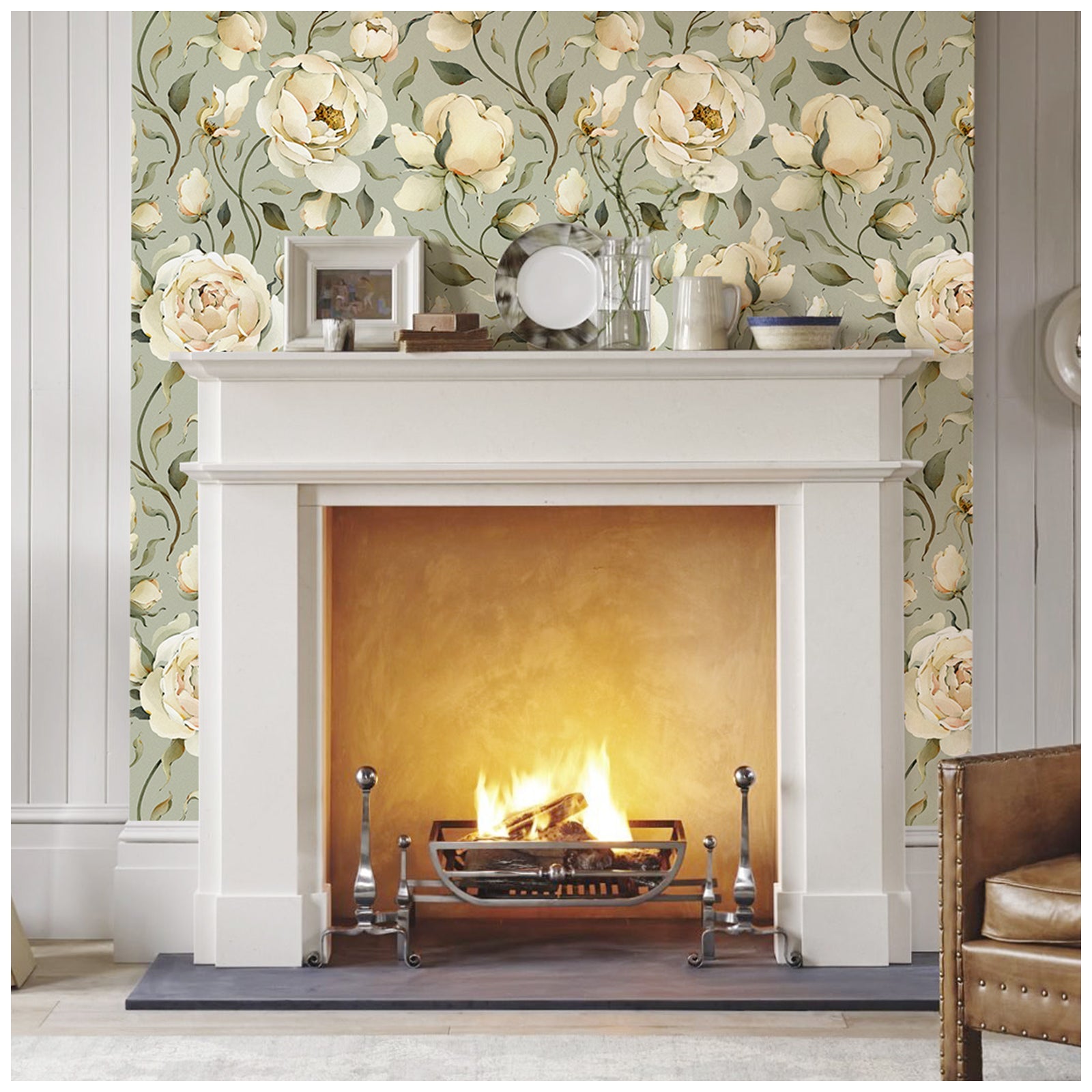 Floralplus Wallpaper Peel and Stick Cream Peony Floral Sage Green Vintage Wall Decor Bedroom Living Room Bathroom Nursery Removable Mural