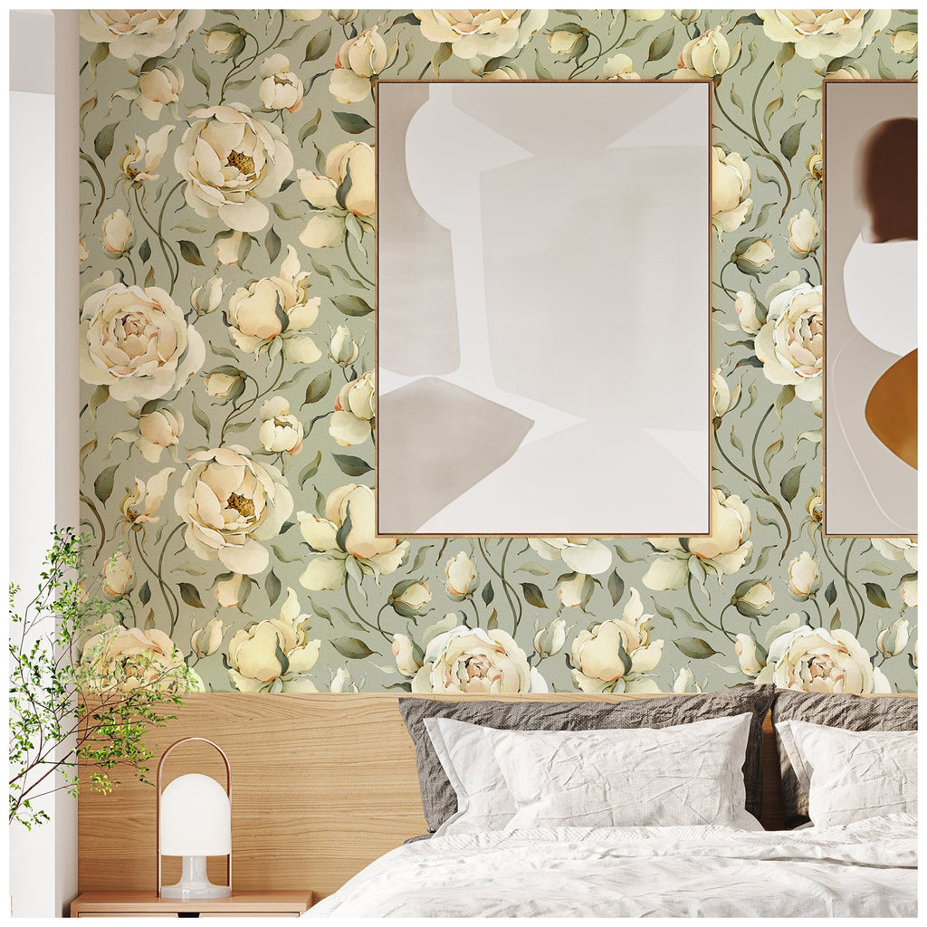Floralplus Wallpaper Peel and Stick Cream Peony Floral Sage Green Vintage Wall Decor Bedroom Living Room Bathroom Nursery Removable Mural