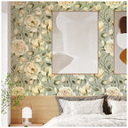 Floralplus Wallpaper Peel and Stick Cream Peony Floral Sage Green Vintage Wall Decor Bedroom Living Room Bathroom Nursery Removable Mural