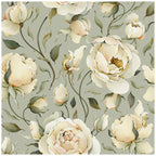 Floralplus Wallpaper Peel and Stick Cream Peony Floral Sage Green Vintage Wall Decor Bedroom Living Room Bathroom Nursery Removable Mural