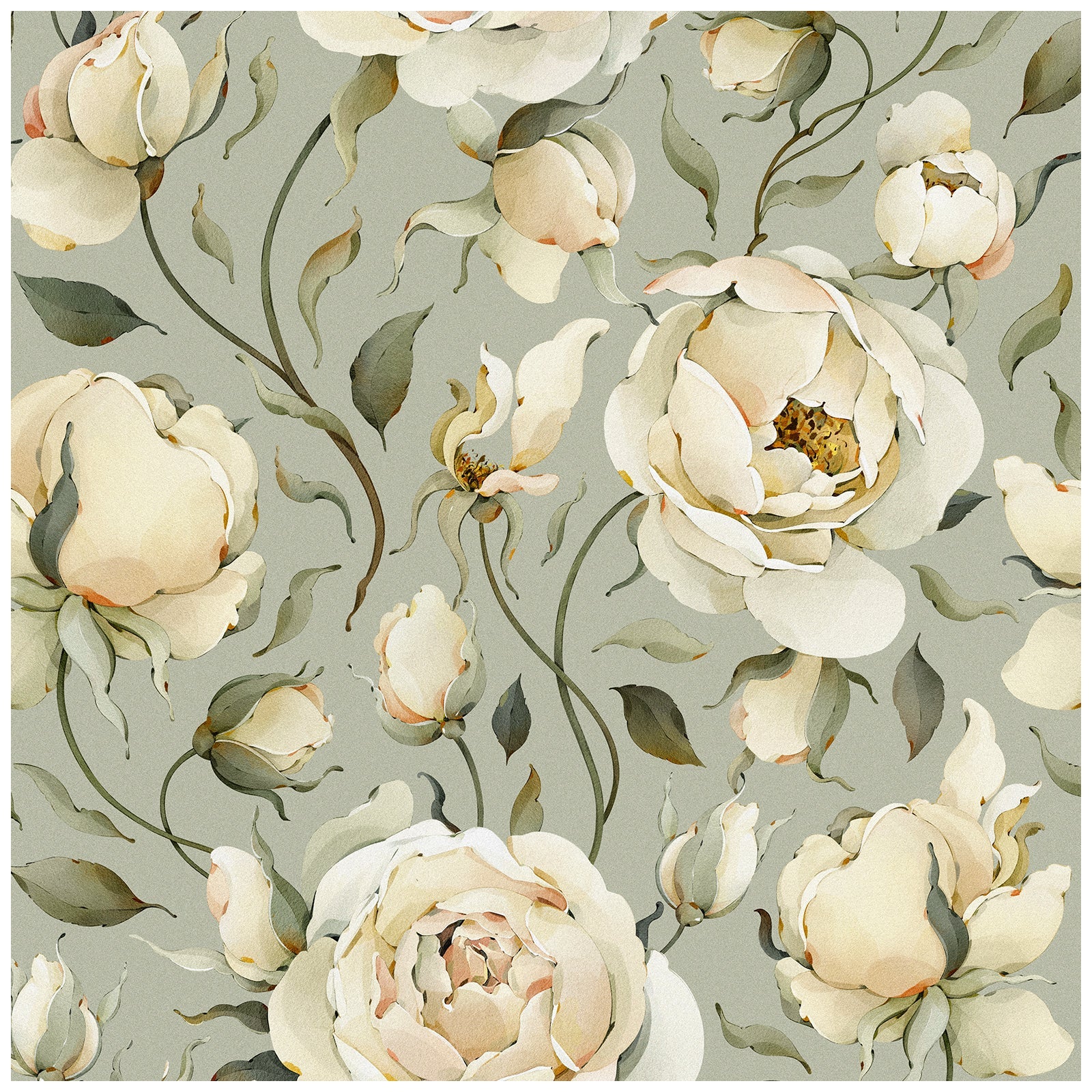Floralplus Wallpaper Peel and Stick Cream Peony Floral Sage Green Vintage Wall Decor Bedroom Living Room Bathroom Nursery Removable Mural