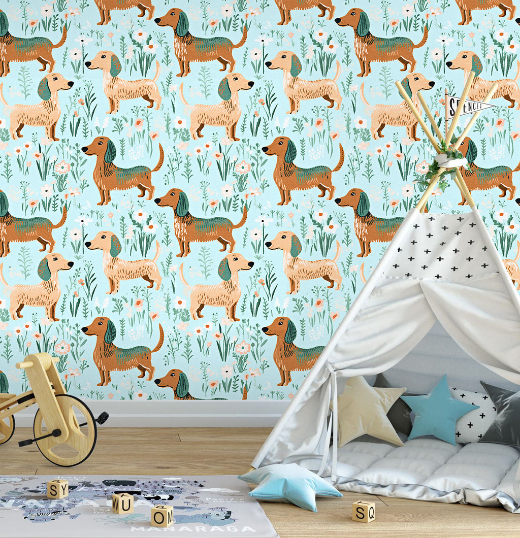 Floralplus Wallpaper Peel and Stick Dachshund Dog Kids Nursery Playroom Pet Lover Removable Wall Decor Mint Green Self Adhesive Mural