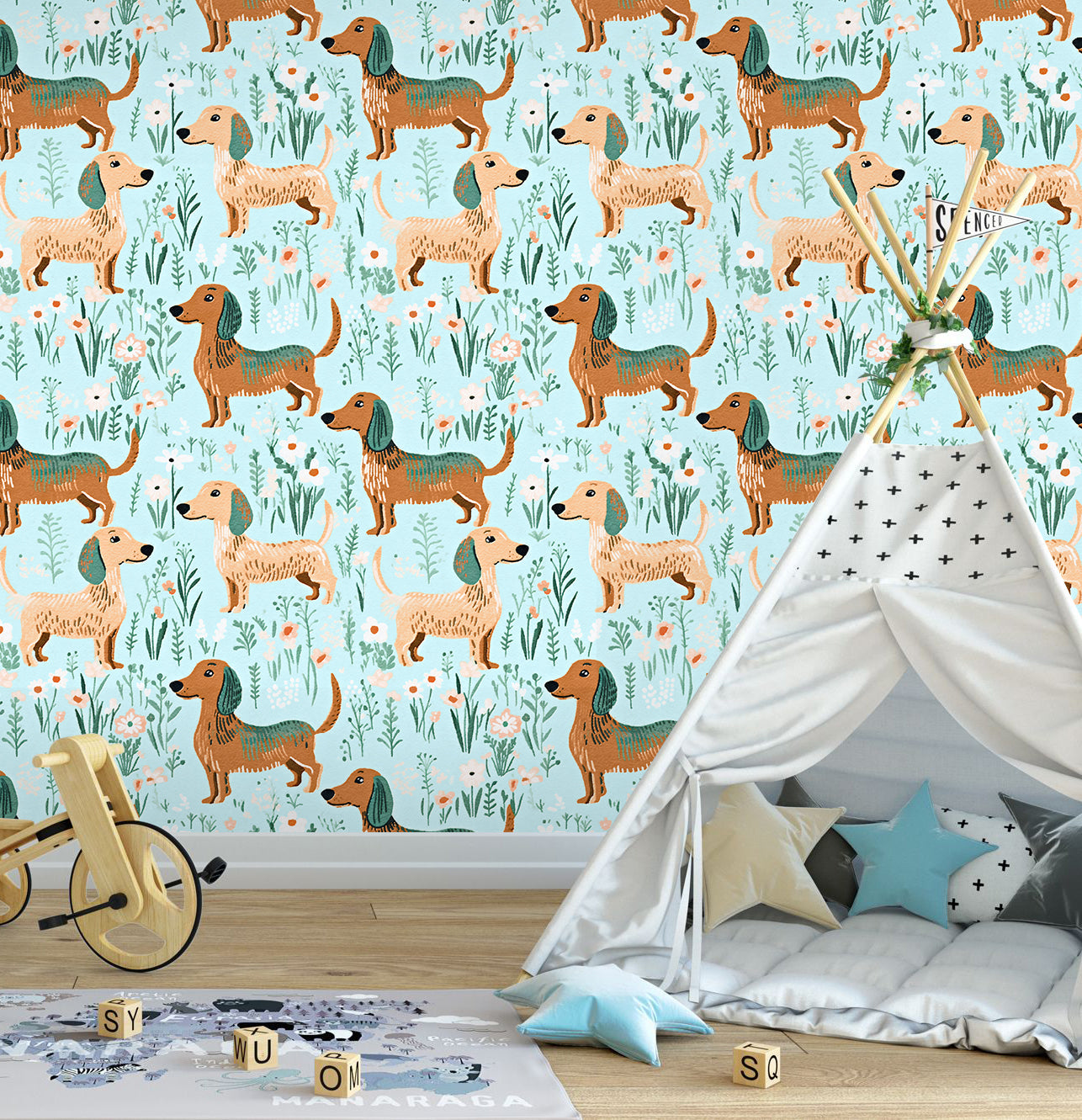 Floralplus Wallpaper Peel and Stick Dachshund Dog Kids Nursery Playroom Pet Lover Removable Wall Decor Mint Green Self Adhesive Mural