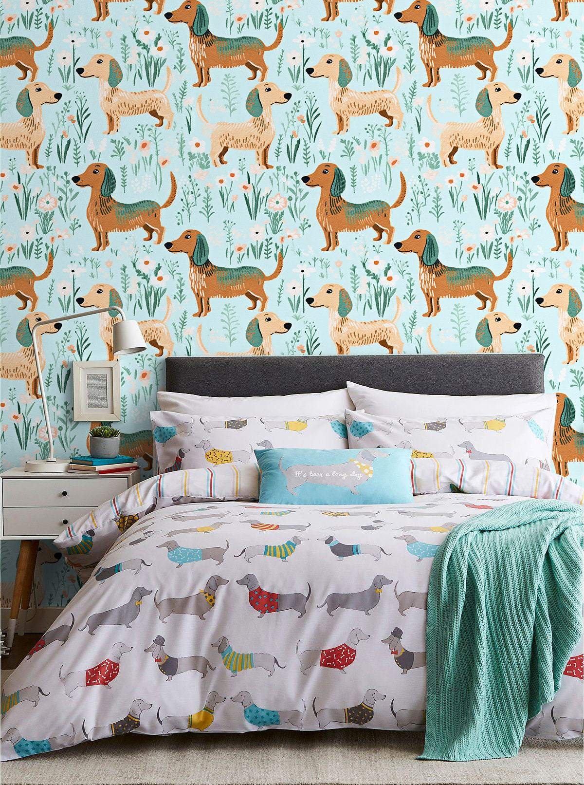 Floralplus Wallpaper Peel and Stick Dachshund Dog Kids Nursery Playroom Pet Lover Removable Wall Decor Mint Green Self Adhesive Mural