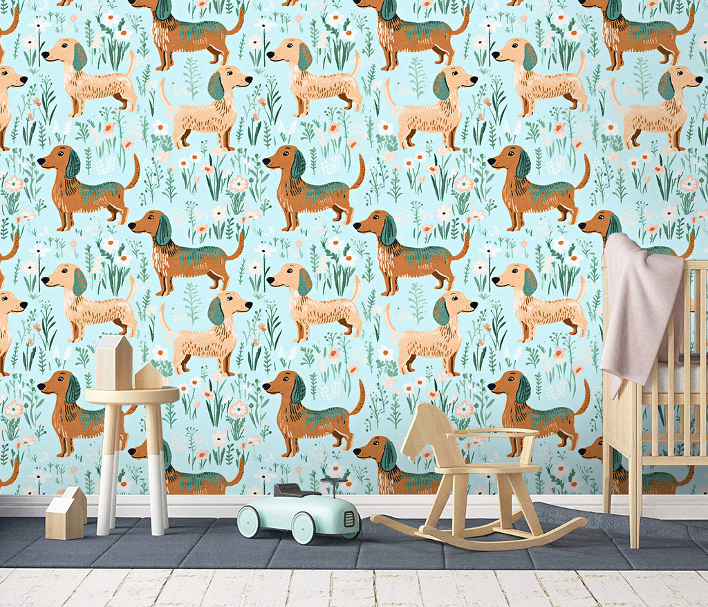 Floralplus Wallpaper Peel and Stick Dachshund Dog Kids Nursery Playroom Pet Lover Removable Wall Decor Mint Green Self Adhesive Mural