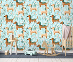 Floralplus Wallpaper Peel and Stick Dachshund Dog Kids Nursery Playroom Pet Lover Removable Wall Decor Mint Green Self Adhesive Mural
