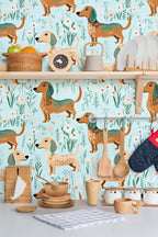 Floralplus Wallpaper Peel and Stick Dachshund Dog Kids Nursery Playroom Pet Lover Removable Wall Decor Mint Green Self Adhesive Mural