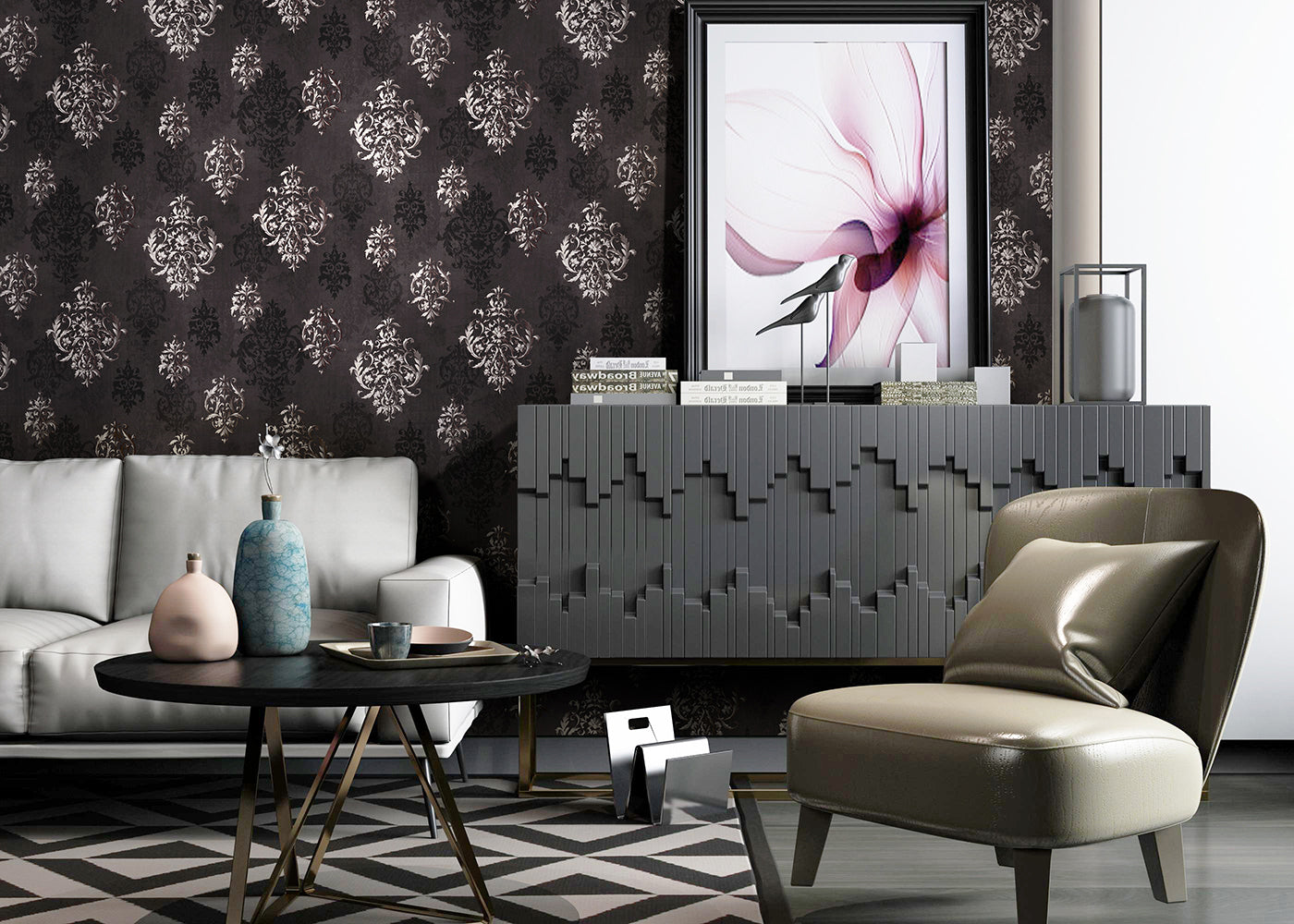 Floralplus Wallpaper Peel and Stick Damask Baroque Dark Grey Black Vintage Wall Decor Living Room Bedroom Bathroom Removable Self Adhesive Mural