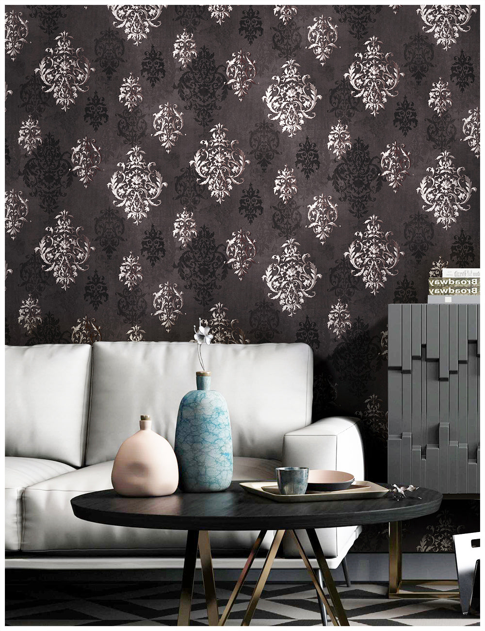 Floralplus Wallpaper Peel and Stick Damask Baroque Dark Grey Black Vintage Wall Decor Living Room Bedroom Bathroom Removable Self Adhesive Mural