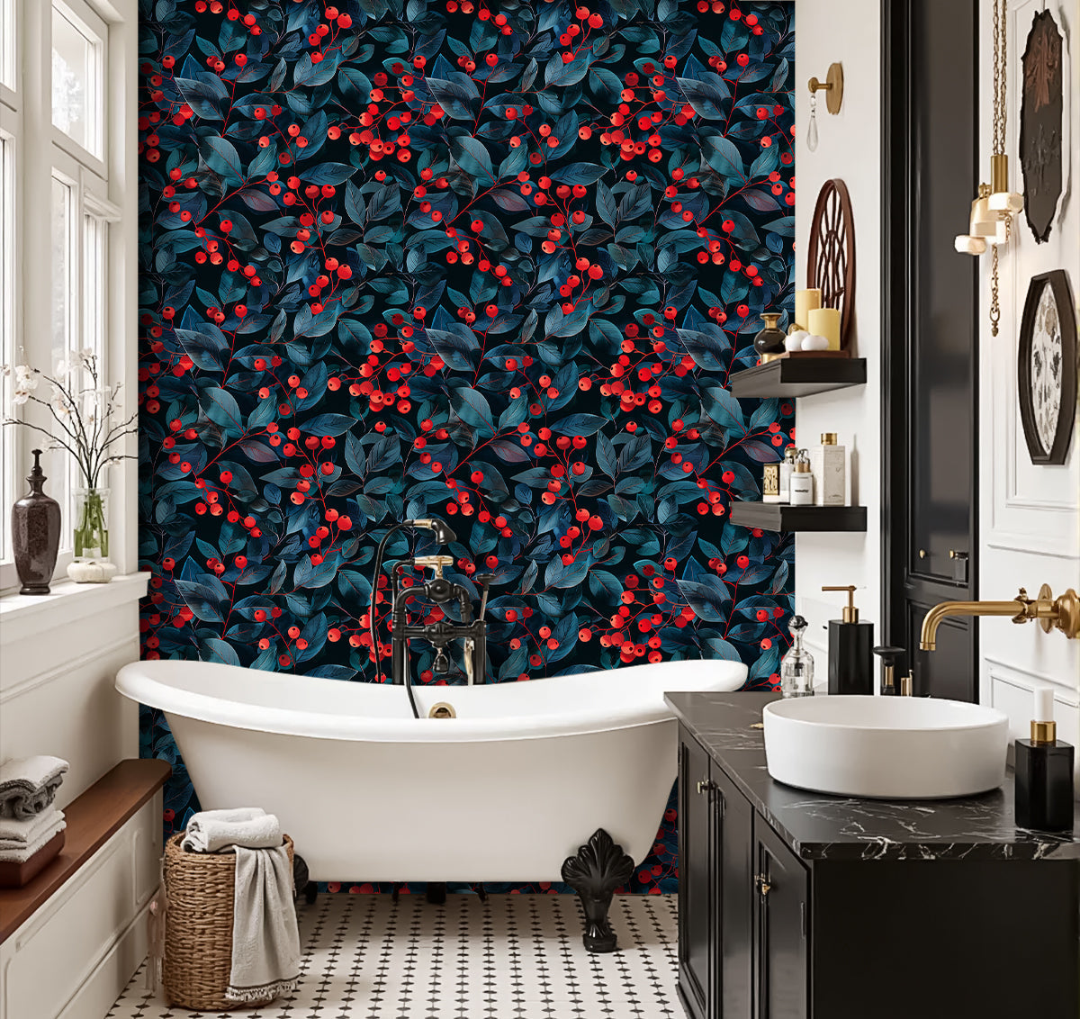 Floralplus Wallpaper Peel and Stick Dark Blue Berry Botanical Navy Red Leaves Removable Self Adhesive Wall Mural Kitchen Bedroom Bathroom Accent Wall Decor