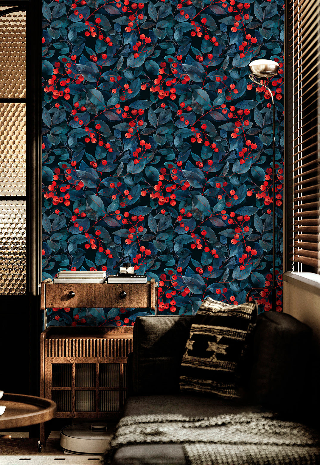 Floralplus Wallpaper Peel and Stick Dark Blue Berry Botanical Navy Red Leaves Removable Self Adhesive Wall Mural Kitchen Bedroom Bathroom Accent Wall Decor