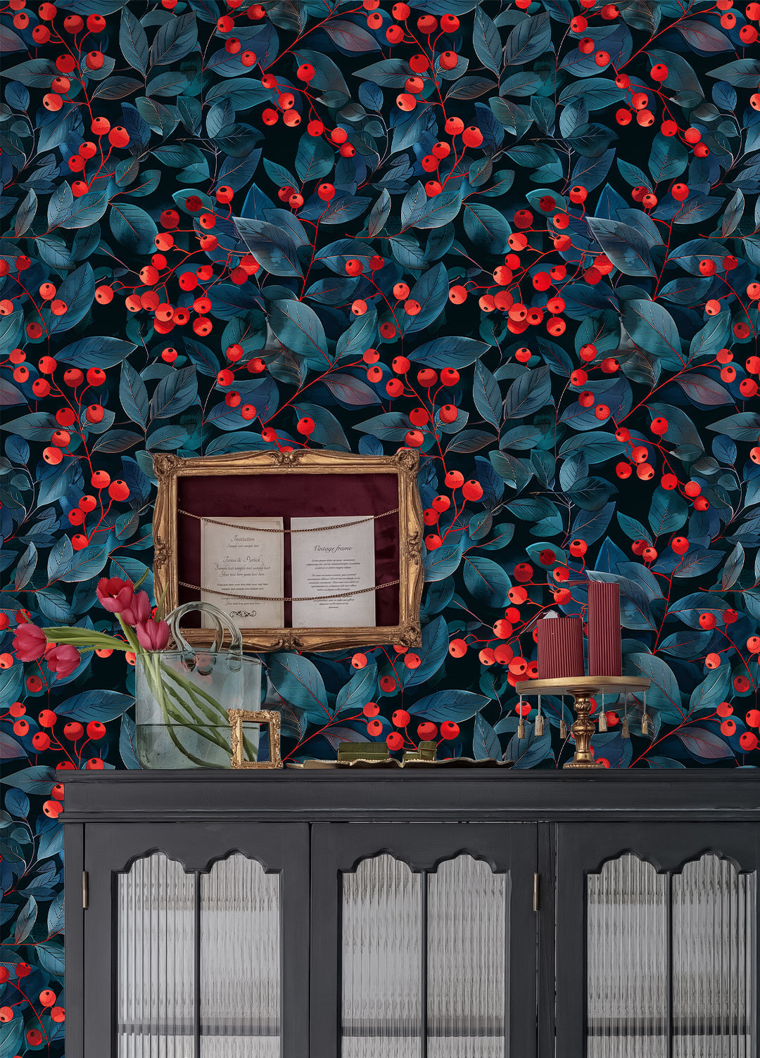 Floralplus Wallpaper Peel and Stick Dark Blue Berry Botanical Navy Red Leaves Removable Self Adhesive Wall Mural Kitchen Bedroom Bathroom Accent Wall Decor